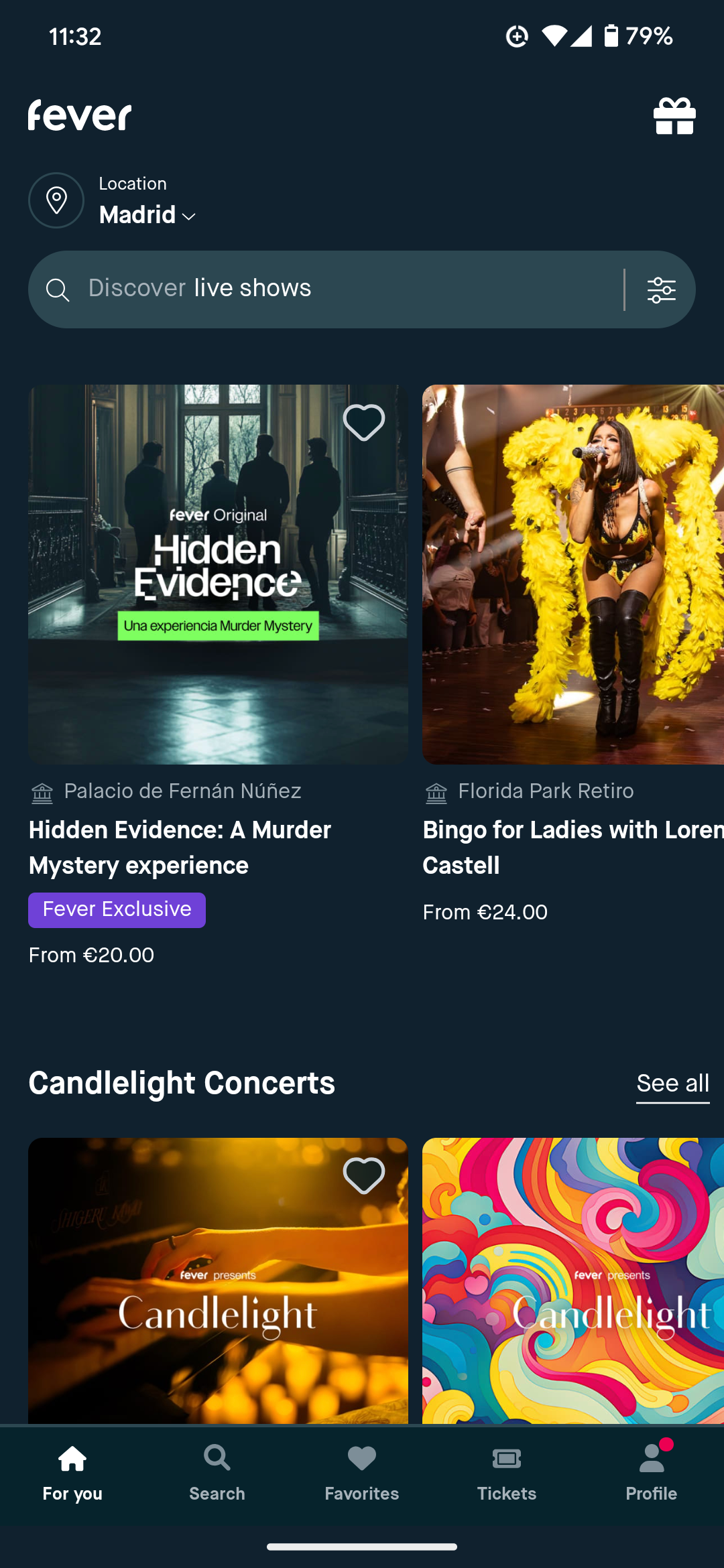 screenshot of Fever app for events in Madrid