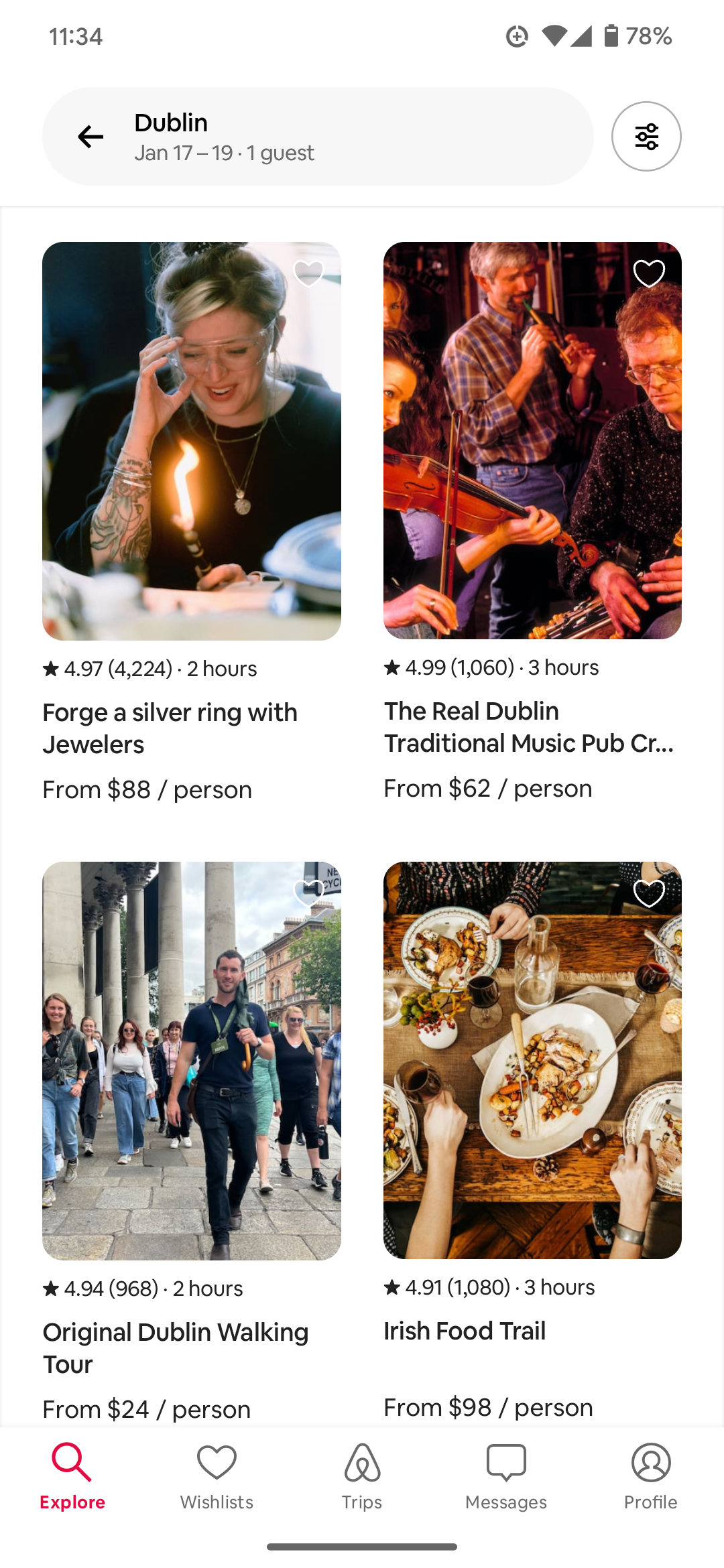 screenshot of Airbnb Experiences app in Dublin