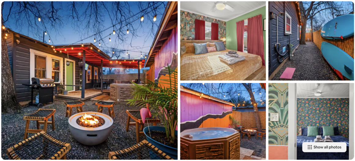 pictures of an Airbnb listing in Austin, TX featuring a bedroom, a hot tub, outdoor spaces