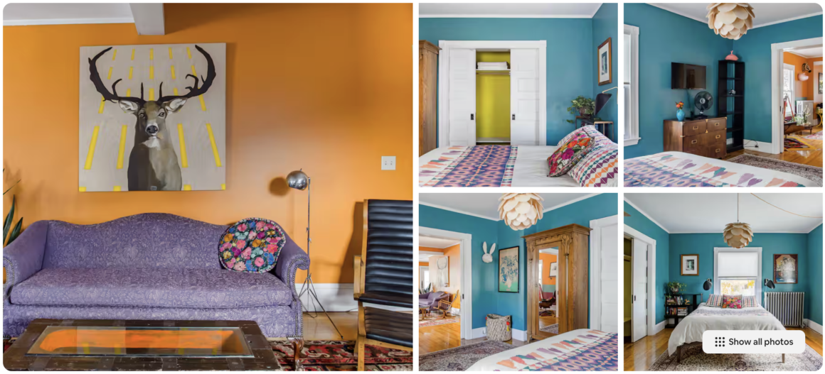 an Airbnb listing photo in Westbrook, Maine featuring pictures of the blue bedroom and orange living room
