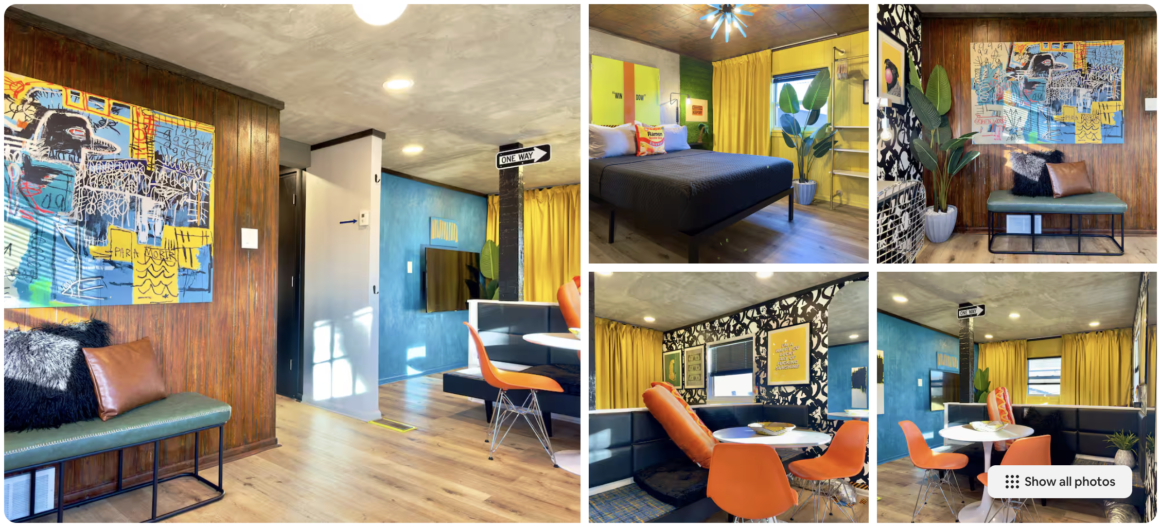 picture of an Airbnb listing in Swissvale, PA featuring the entry way, a dining room, and the bedroom 