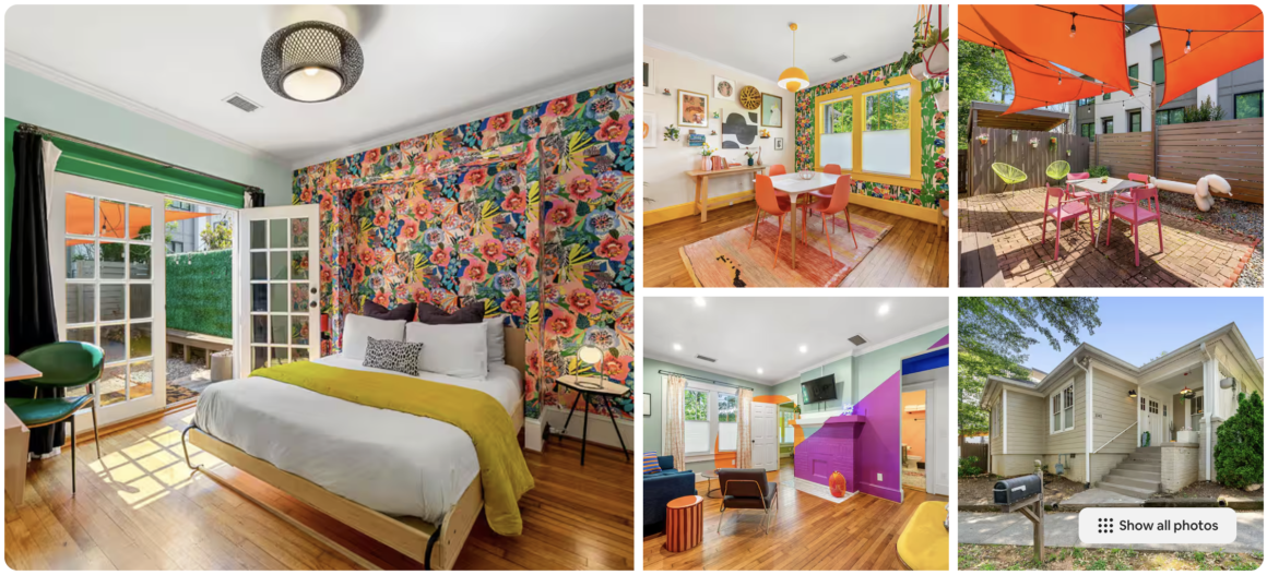 picture of an Atlanta, GA Airbnb showing a brightly colored bedroom, sitting area and outdoor space