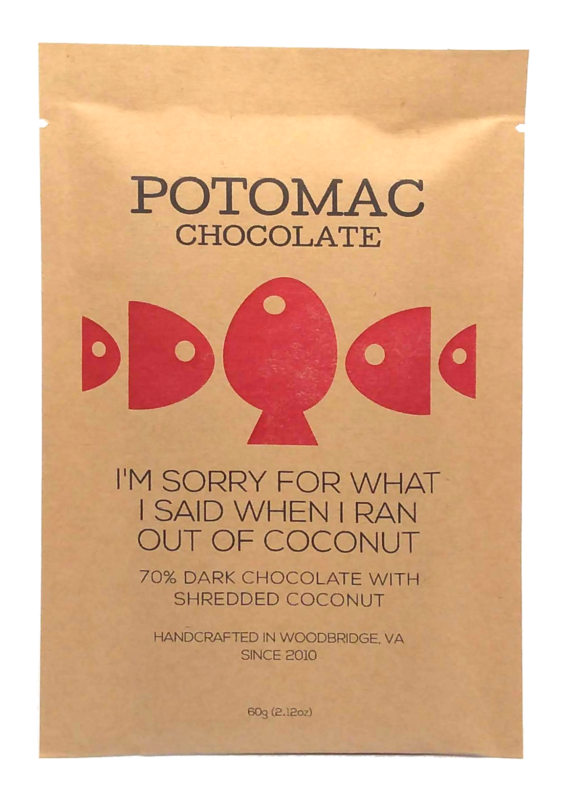 70% dark chocolate with shredded coconut bar by Potomac Chocolate