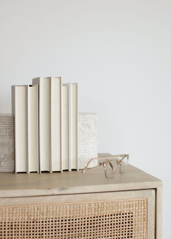 eye glasses on a console table