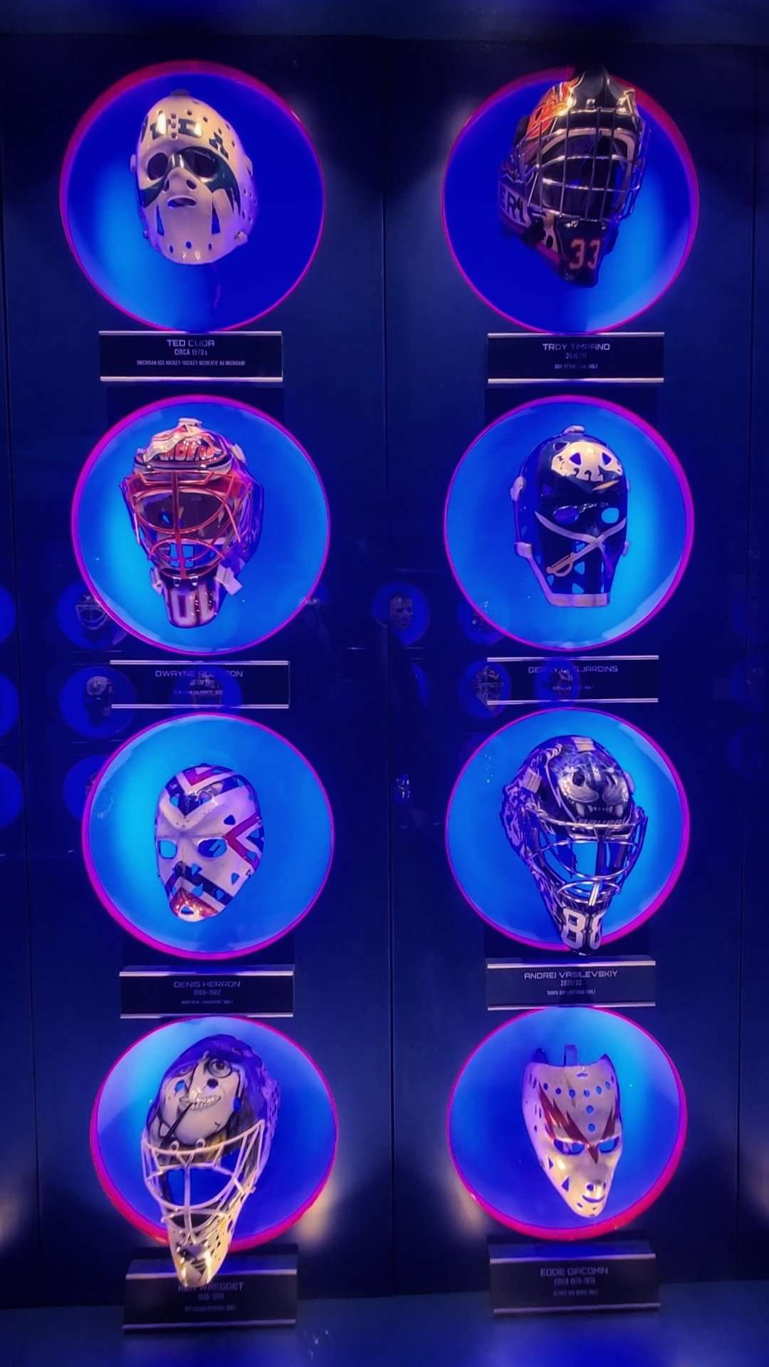 wall of goalie masks at the Hockey Hall of Fame in Toronto Canada