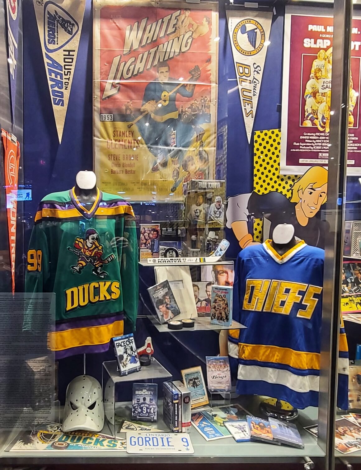 popular culter exhibit of hockey artifacts from famous Hollywood hockey themed movies