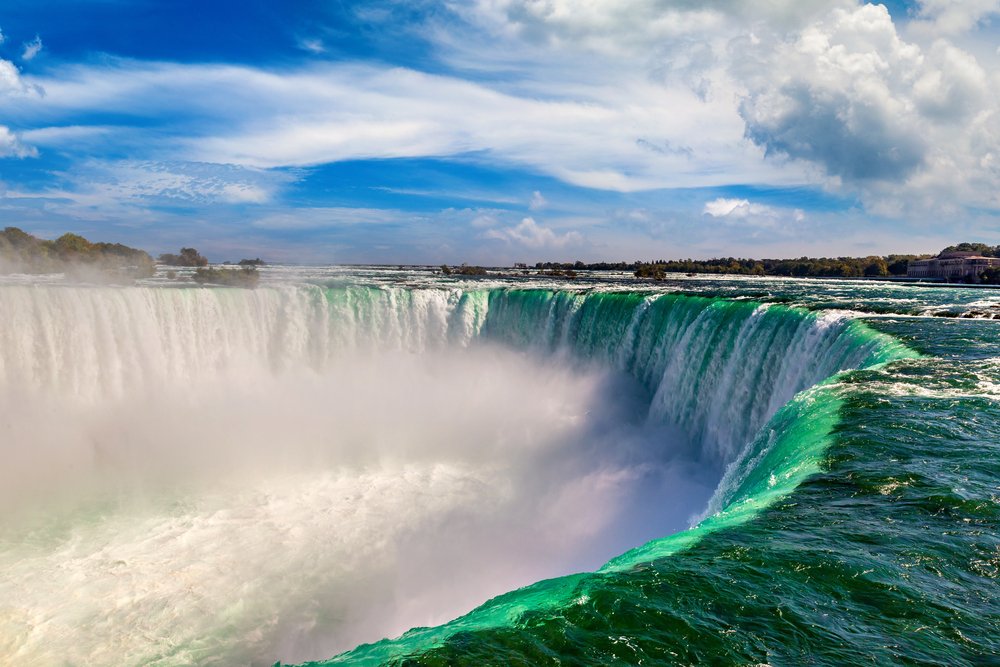 Canadian side view of Niagara Falls, Horseshoe Falls on a sunny day in Niagara Falls, Ontario, Canada