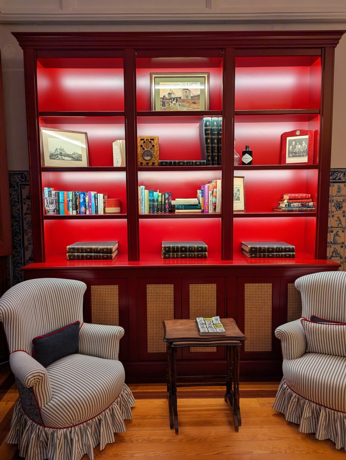bookcase in reading room at the Pergola Boutique Hotel in Cascais, Portugal