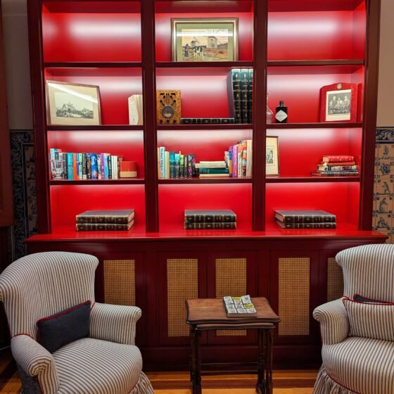 bookcase in reading room at the Pergola Boutique Hotel in Cascais, Portugal