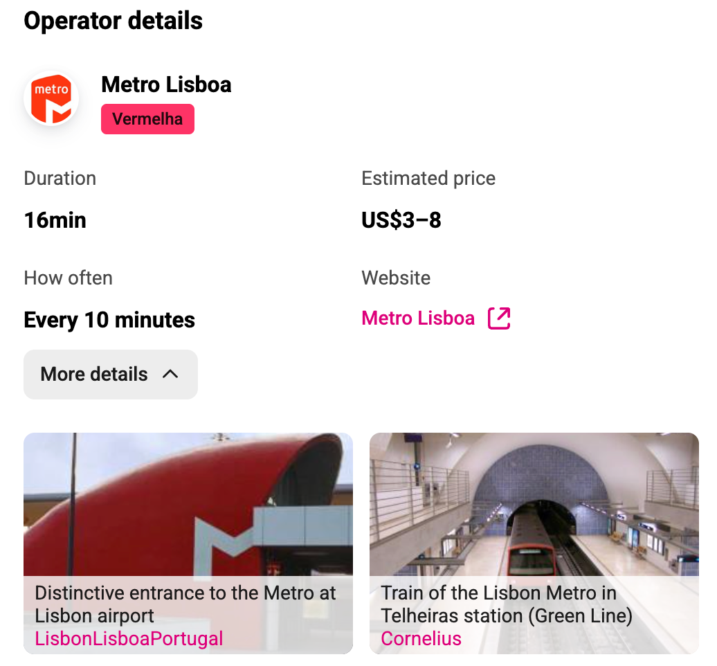 rome2rio screenshot of metro station at Lisbon's airport